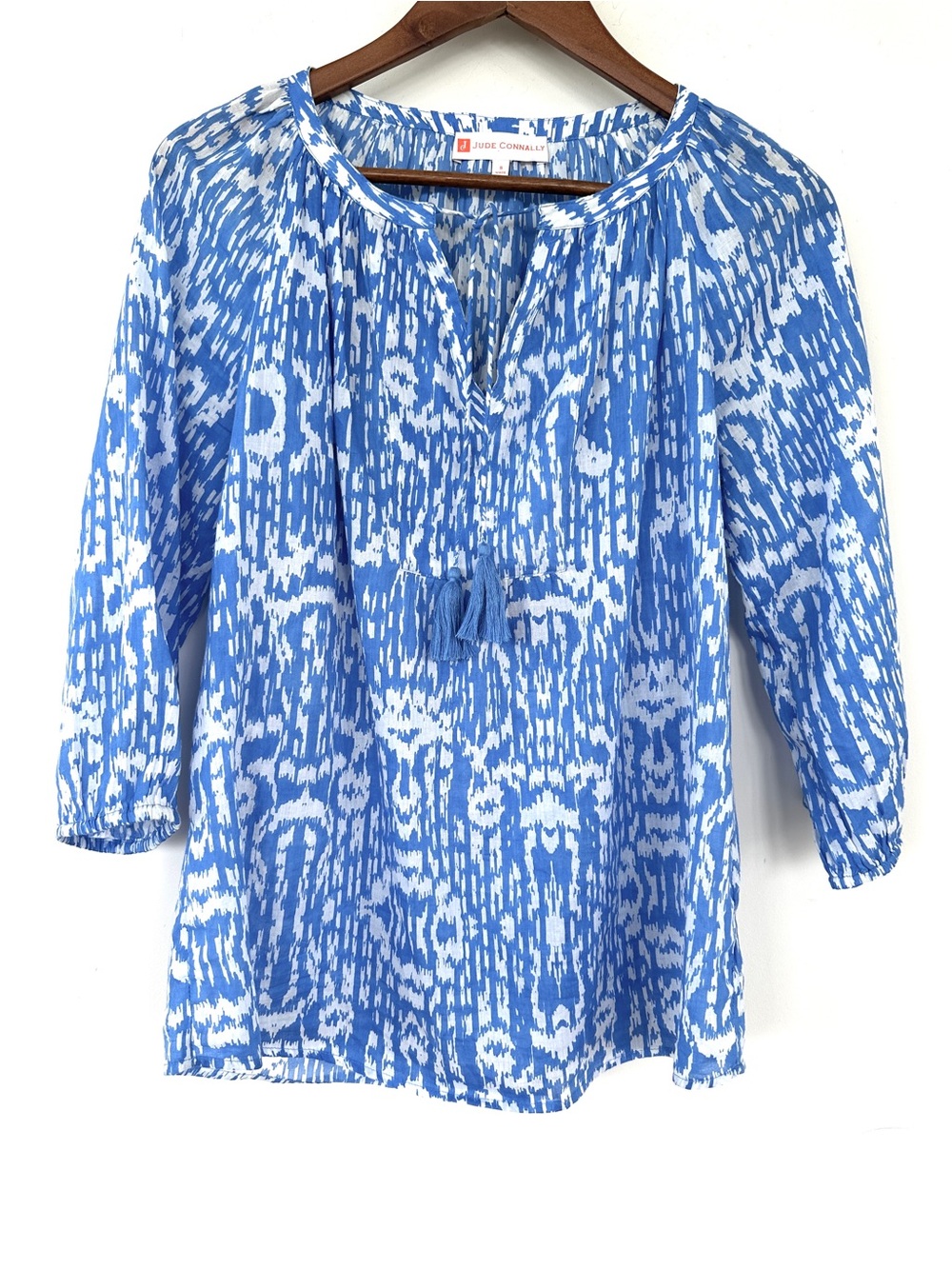 Jude Connally Blue & White Peasant Blouse, 3/4 Sleeves, Relaxed Fit, 💯 Cotton